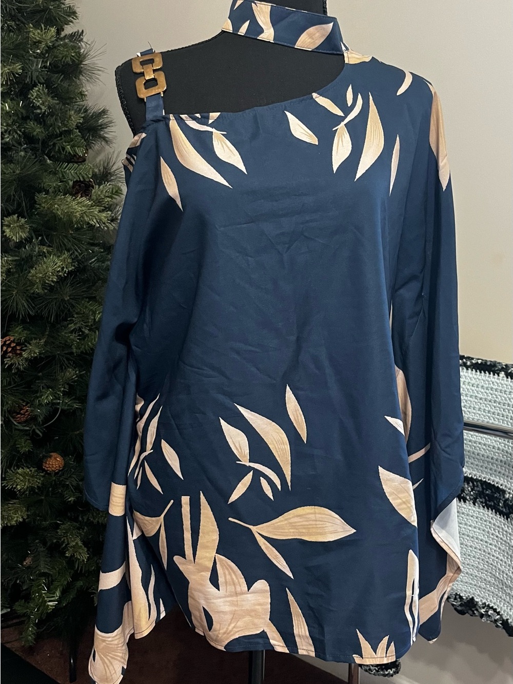 Navy One-Shoulder Floral Top with Choker Detail